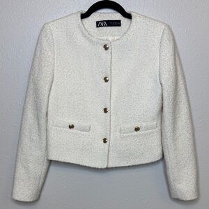 Zara Women's Cream Textured Boucle Tweed Blazer Jacket Gold Buttons - XS